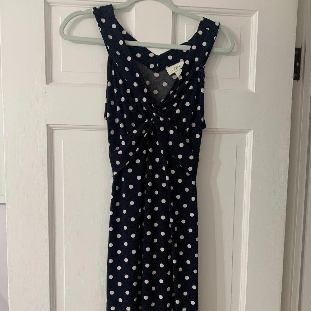 Loft Navy Stretch dress with Polka dots,  criss cross bodice, size 8 - Picture 4 of 9